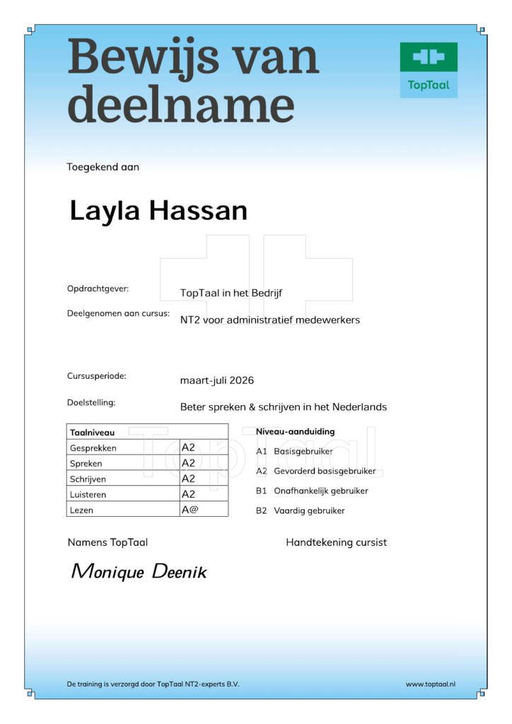 Voorbeeld van een TopTaal bewijs van deelname met taalniveaus per vaardigheid