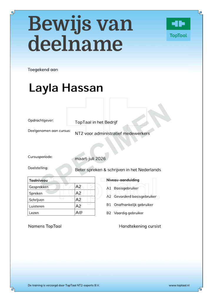 Voorbeeld van een TopTaal bewijs van deelname met taalniveaus per vaardigheid
