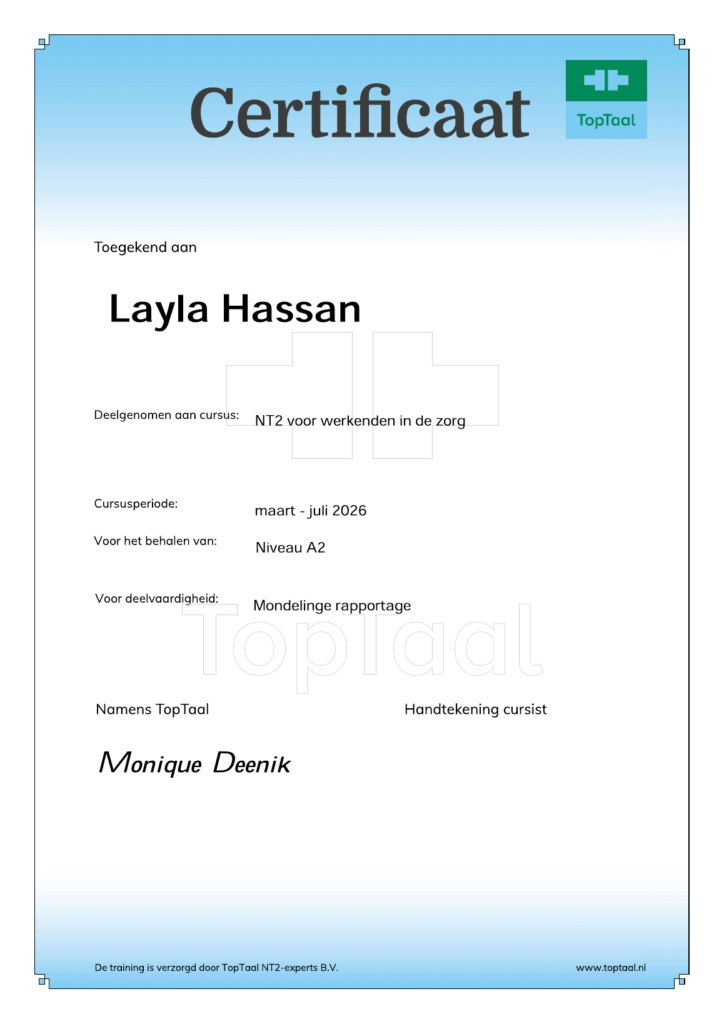 Voorbeeld van een TopTaal certificaat met behaald taalniveau