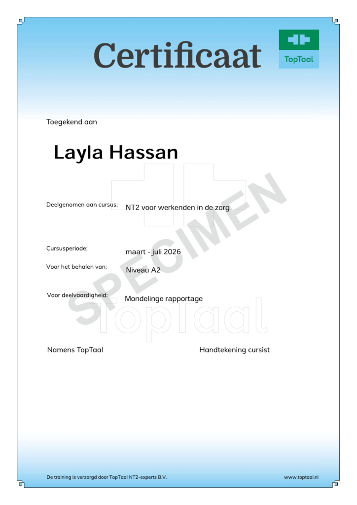 Voorbeeld van een TopTaal certificaat met behaald taalniveau